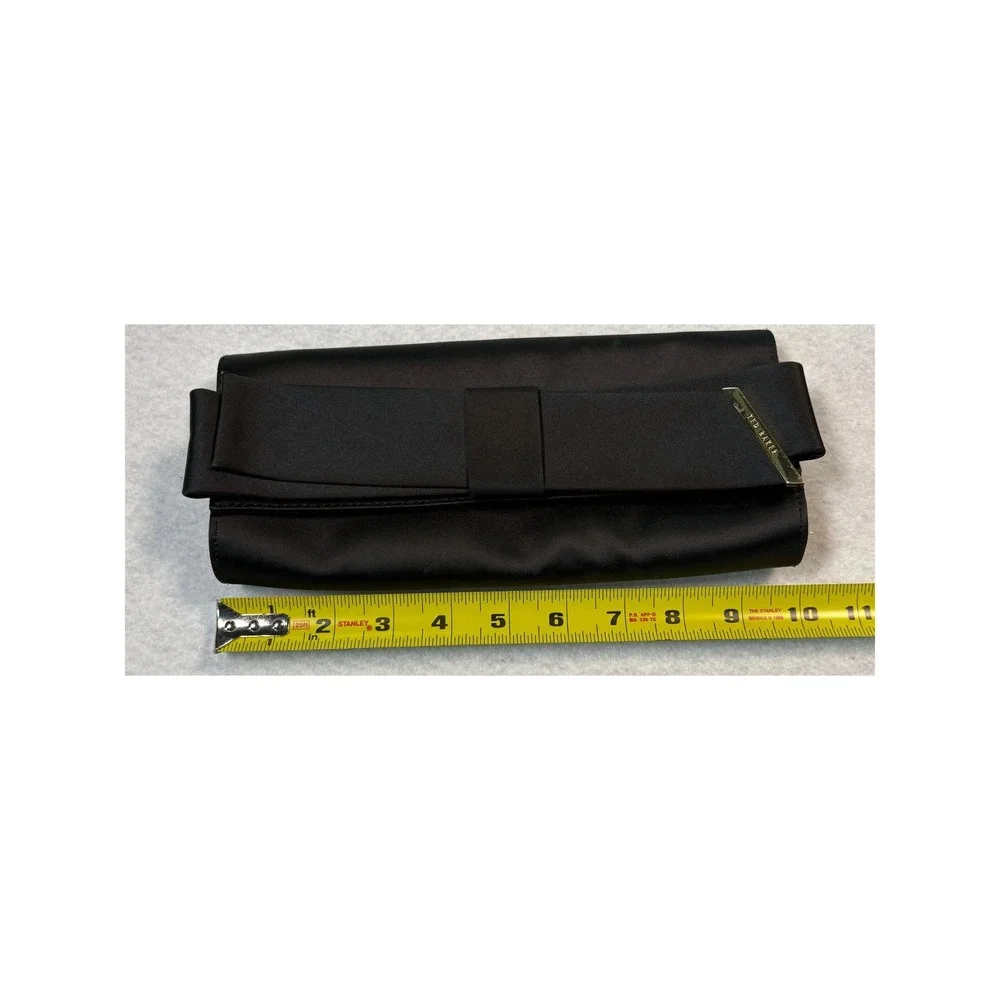 Ted Baker Black Satin Bow Clutch Bag Gold Logo Evening Formal Handbag